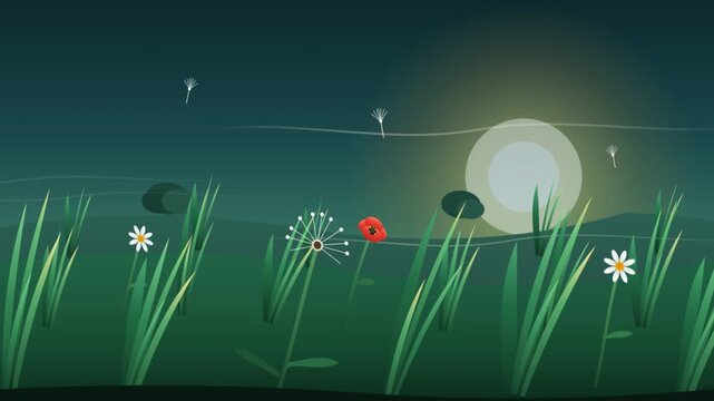 Animated night meadow with glowing moon flowers and floating seeds