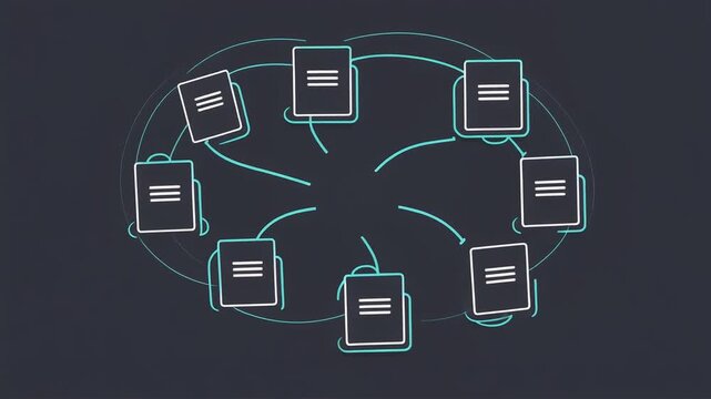 Paperclip icon animation connecting multiple document files with flowing lines in a minimal digital motion graphic video for business projects