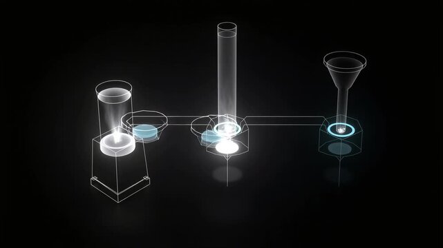 Scientific laboratory experiment animation showcasing glowing chemical reaction vessels connected by illuminated tubes in dark digital motion background video footage