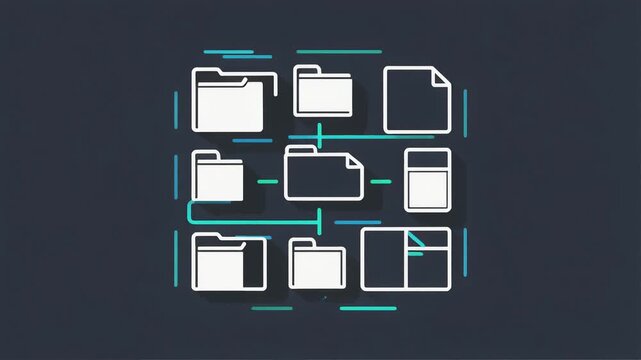 Digital file system animation displaying organized computer folders and document structures linked together in an efficient modern motion graphic video