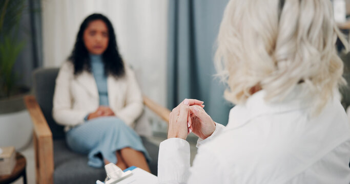 Psychologist, talk or woman in clinic for therapy, trauma support or advice on coping mechanism. Mental health, doctor and CBT session for emotional regulation, problem solving or anxiety management