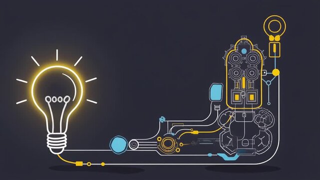 Glowing light bulb animation showing electrical connection flow and circuit power activation sequence in a minimalist digital motion graphic video
