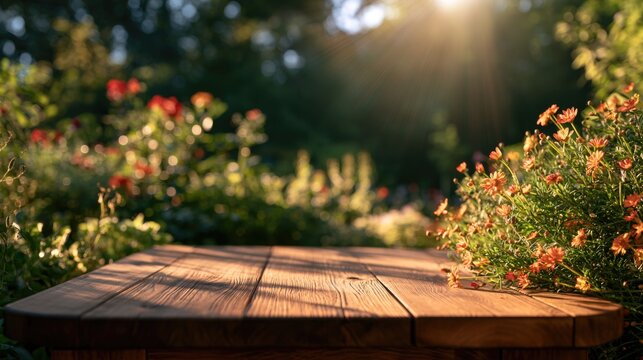 A sunlit wooden table in a vibrant garden with blooming flowers and lush greenery in soft focus under warm golden sunlight.