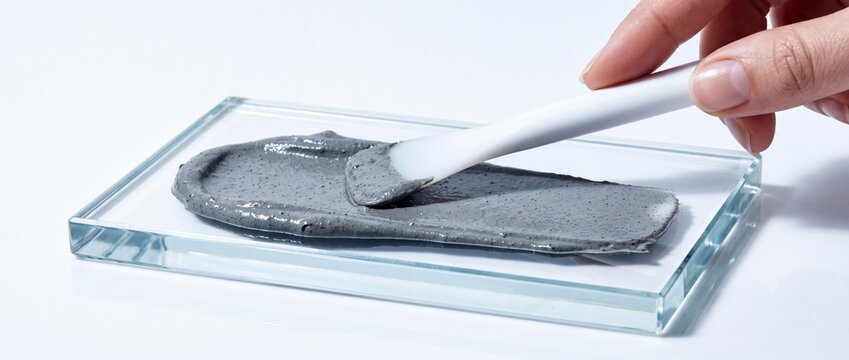 White cosmetic spatula spreading thick grey charcoal mud mask on rectangular glass tray during product texture testing process in lab