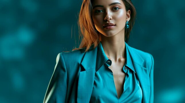full body Good looking indian woman with long straight hair wearing a tailored teal suit and teal shirt, it looks corporate, she is photographed standing in a studio on a teal background. She is photo