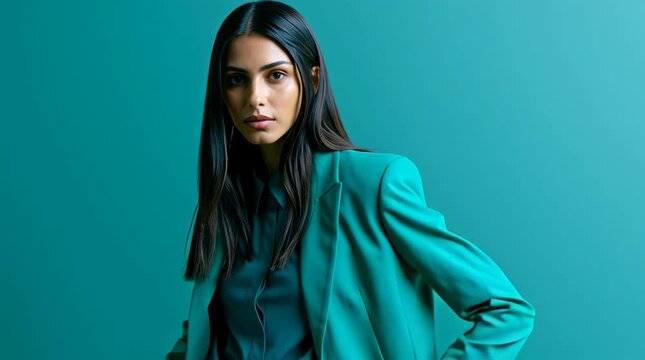 full body Good looking indian woman with long straight hair wearing a tailored teal suit and teal shirt, it looks corporate, she is photographed standing in a studio on a teal background. She is photo
