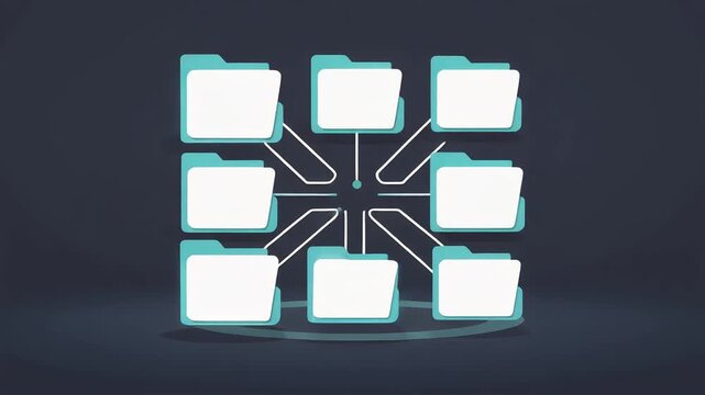 Digital file management system animation showing interconnected folders and data linking symbols for efficient organization in this modern motion footage