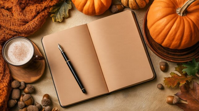 Warm autumn scene with notebook, pen, and pumpkin