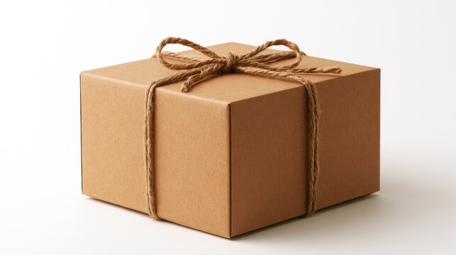 A neatly wrapped brown cardboard gift box tied with natural twine string in a simple bow on a white background.
