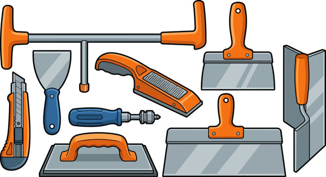 Set of construction and drywall installation tools and equipment