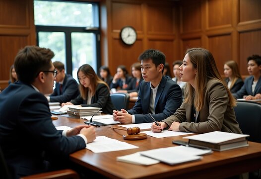 Dynamic Law School Moot Court Practice Mock Courtroom Session Involving Legal Analysis Advocacy Disputation Tactics