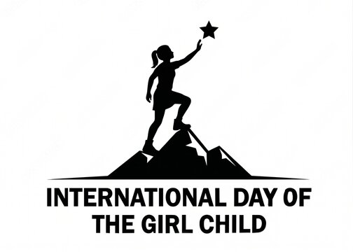 International Day of the Girl Child 2026: Black Silhouette Graphic of Girl Climbing Mountain Peak to Reach a Star - Empowering Aspirations and Overcoming Adversity, Vector-style Poster for Global 