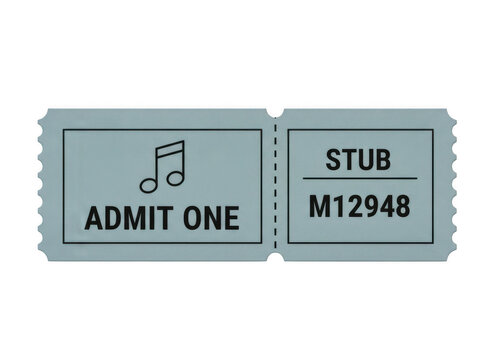 One single blue admission ticket with a stub for entry to an event or cinema movie show on a plain surface