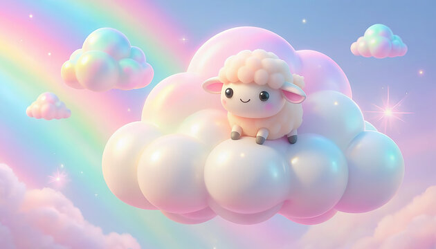Cute Sheep on Pastel Cloud with Rainbow Generative AI
