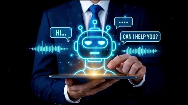 Businessman using digital tablet with AI chatbot hologram, voice assistant, and speech recognition technology.