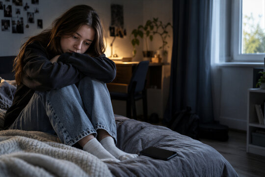 Sad teenage girl sitting on her bed hugging her knees in a dark bedroom, mental health concept