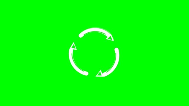 Animated white recycling symbol with rotating arrows on green screen background