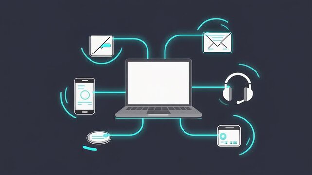 Laptop centralizing digital communications through glowing blue network lines in this dynamic animation video clip for modern business tech concepts