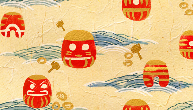 Japanese Pattern with Red Daruma Dolls and Blue Waves on Washi Paper Background Generative AI