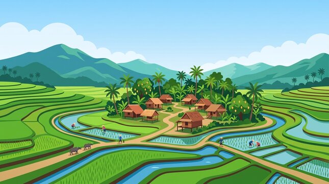 A scenic vector illustration of a Southeast Asian rural landscape featuring terraced rice paddies, traditional houses, hardworking farmers, and water buffaloes.