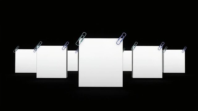 Stacks of white paper sheets with blue metal clips arranged in professional motion animation for creative business office presentations
