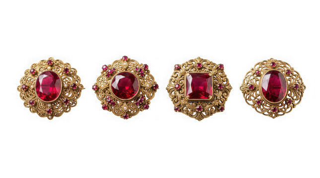 Four antique gold brooches with red gemstones isolated on transparent background