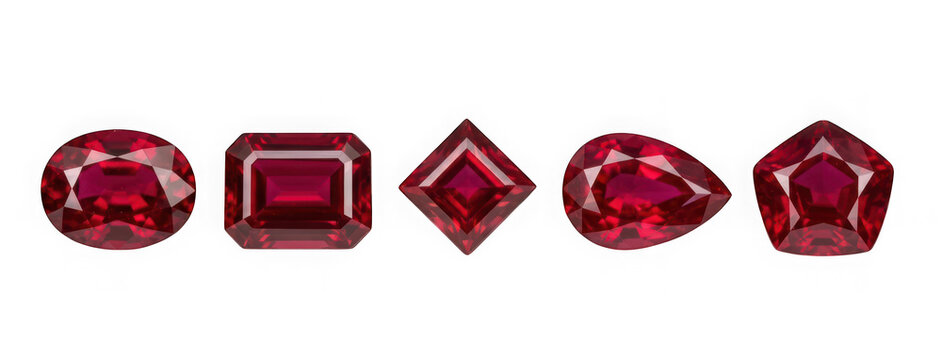 Set of five different cut ruby gemstones isolated on transparent background
