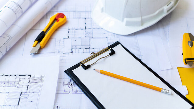 Architectural blueprint plans with safety helmet and tools on table blueprint architecture