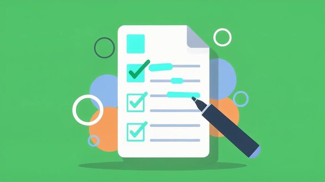 Animated checklist graphic video showing a pen marking items on a document with colorful floating abstract shapes and motion background