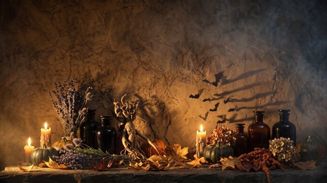 Mystic halloween alchemy still life with apothecary bottles candles pumpkins and mandrake root on stone background creates spooky atmosphere for holiday decor.