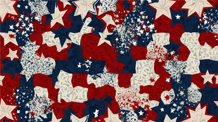 Fototapeta premium A patriotic American flag-themed abstract background pattern featuring red, white, and blue stars and textured elements.