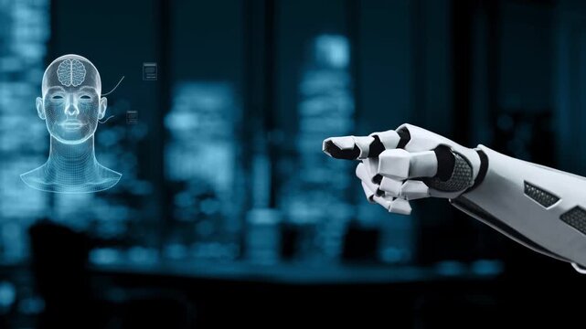 A futuristic robotic hand points at a digital brain interface, showcasing advanced technology and data analysis in a modern workspace highlighted by an urban backdrop. Synapse