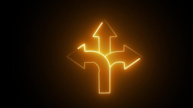 Three-way direction arrow sign animation. road direction, moving arrow three arrow direction animation. traffic way Three- Way Fork in the Road Arrow Symbol on Black Background direction choice.4k 
