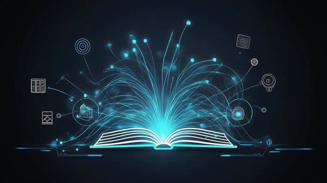 Open book glowing with digital data nodes and information icons spreading outward in a seamless high quality motion graphic video