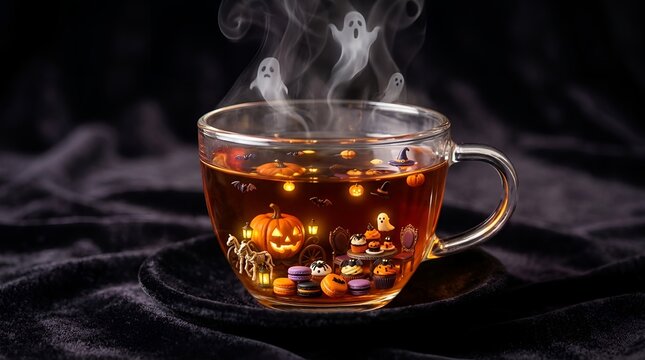 Miniature Halloween tea party inside a clear glass teacup with ghost-shaped steam