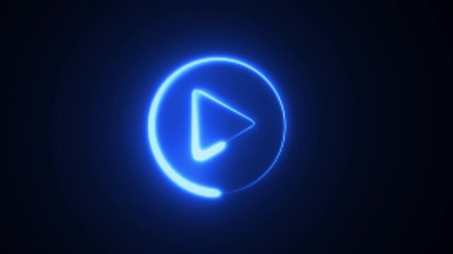 Glowing neon shine play button sign with neon circle animation. Neon glowing play button icon on the black background. blue color neon icon. 4k video..
