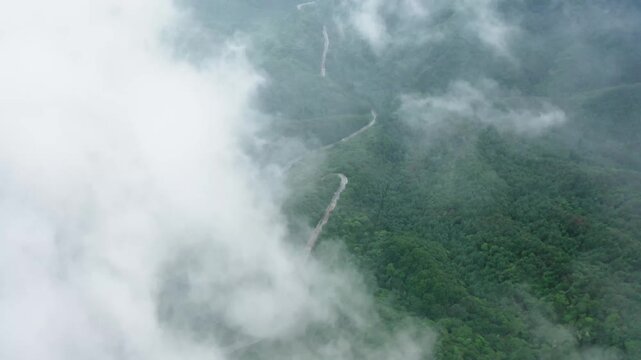 Aerial view of winding mountain road through lush green forest shrouded in misty clouds, Qinling Mountains near Xi'an, Shaanxi