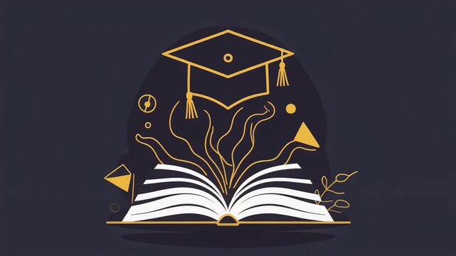 Open textbook with floating graduation cap animation showing dynamic knowledge growth and academic success concepts in this modern motion video clip