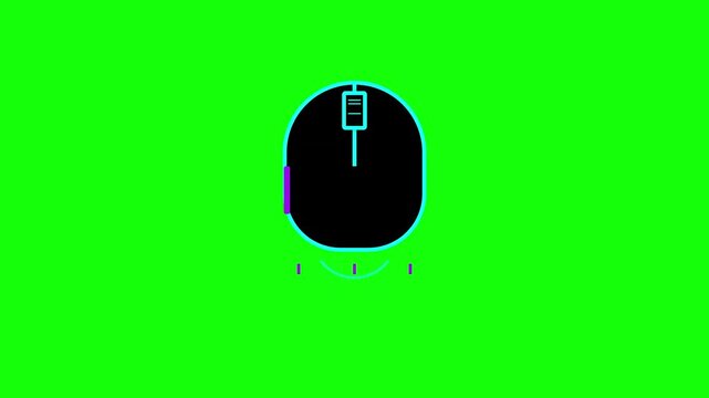 Flat computer mouse animation icon with cyan outlines and purple side button on a bright green chroma key background for digital interface and gaming hardware concepts.