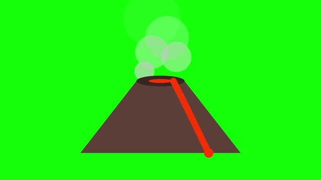 Flat design animation icon of a volcano erupting with flowing orange lava and stylized smoke circles isolated on a solid green screen background for video production and motion graphics.
