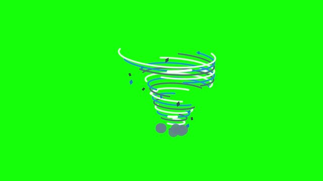 Tornado animation icon on green screen background featuring stylized swirling lines in blue, white, and grey with debris particles for weather or natural disaster motion graphics.