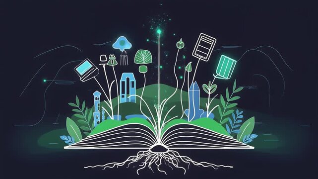 Magical book animation with growing glowing plant icons blooming from open pages showing knowledge and education in motion video clip