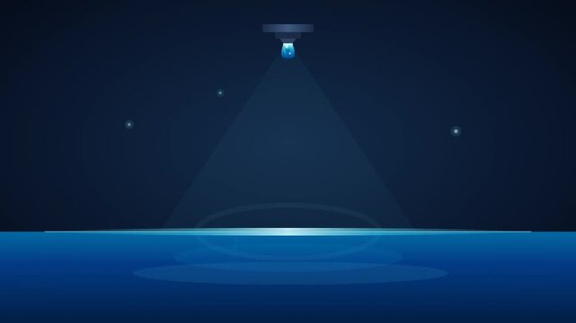 Single glowing water droplet falling into deep blue liquid surface creating circular ripples with overhead beam lighting