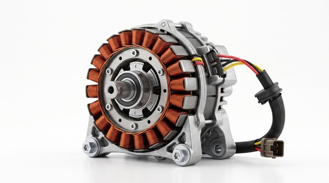 Motorcycle Alternator: A detailed close-up of a motorcycle alternator, showcasing its intricate copper windings and metallic components, ready for integration into a powerful engine.