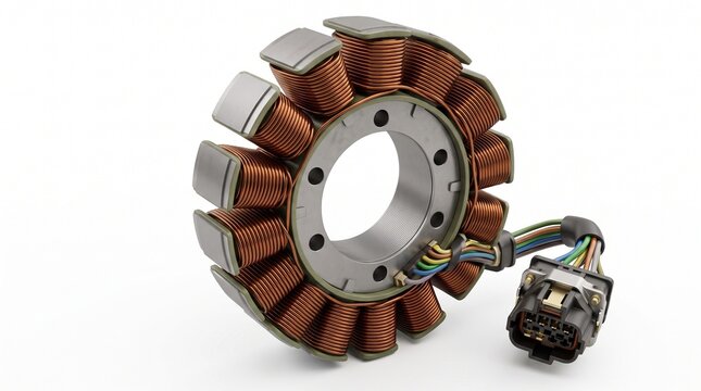 Motorcycle Stator Coil: A close-up view of a motorcycle stator coil, featuring copper windings and electrical connectors, highlighting intricate engineering and mechanical components.
