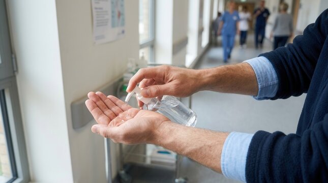 Close-up of hands using hand sanitizer in a hospital corridor with blurred medical staff in background.