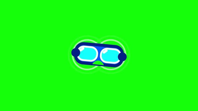 Flat design virtual reality animation icon featuring blue VR goggles with light blue lenses and circular accents isolated on a solid green background for motion graphics and tech UI.