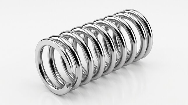 Metal Coil Spring: A gleaming chrome coil spring sits in focus, its tightly wound metallic loops reflecting ambient light, symbolizing strength and resilience.