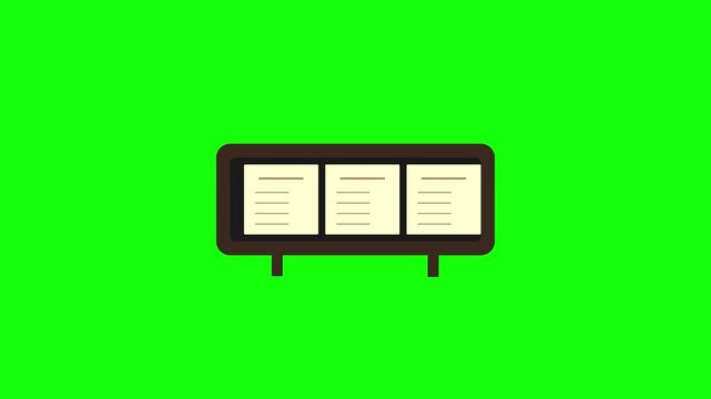Flat design animation icon of a triple-panel information menu board. Features a dark brown frame with cream-colored list pages on a solid chroma key green screen background.