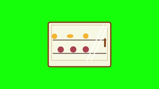2D animation icon of a bakery display cabinet featuring yellow and red round pastries on two shelves, flat vector food warmer illustration isolated on a green screen background.